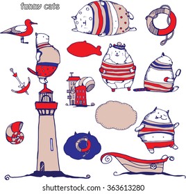 Cats sailors. Vector hand drawing illustration with sea elements. T-shirt boy and girl design, kids and sea party design.