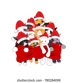 Cats with Santa Hat Bouquet Present. Vector Illustration. isolated on White Background.