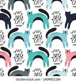 Cats in scandinavian style, vector design for wrapping paper, textile, background fill design.