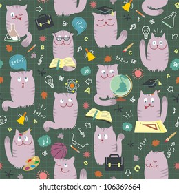 Cats At School - Vector Seamless Pattern