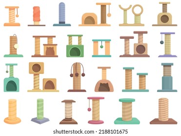 Cats scratching post icons set cartoon vector. Tree tower. Play furniture