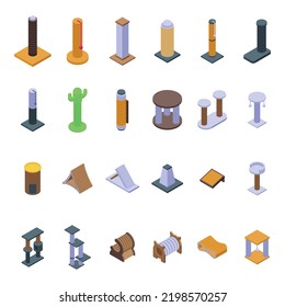 Cats scratching post icons set isometric vector. Tree tower. Cat animal