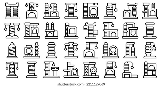 Cats scratching post icons set outline vector. Tree tower. Play furniture