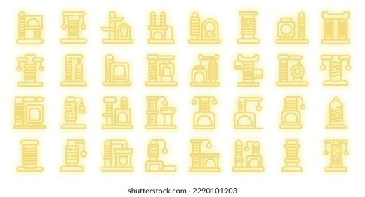 Cats scratching post icons set outline vector. Tree tower. Play furniture neon color on black
