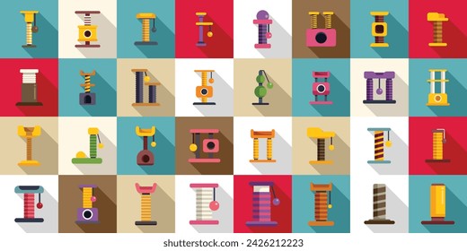 Cats scratching post icons set flat vector. Tower play. House cat animal