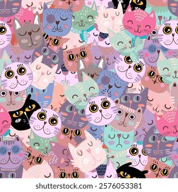 Cats, seals, cute feline colorful faces, seamless pattern, funny cartoon characters with animals, animal, cute, feline, pet, kitten, funny, kitty, mammal, vector illustration for fabric, textile, wall