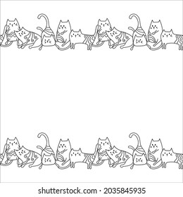 Cats seamless border. Hand drawn black and white pattern for card and other. Vector illustration.