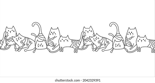 Cats seamless border. Hand drawn black and white pattern. Vector illustration.