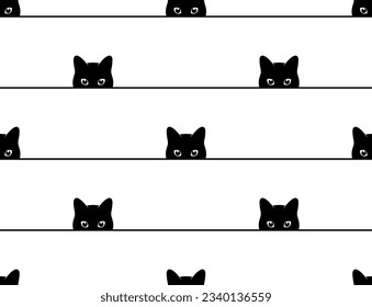 Cats seamless graphic pattern. Wallpaper from black cats looking from under the surface. Cats peeping on you. Vector illustration  