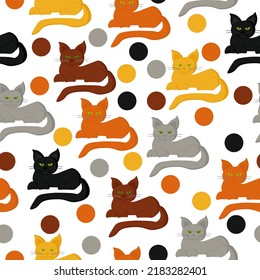 Cats seamless pattern, assorted cats and colorful dots on a white background vector illustration