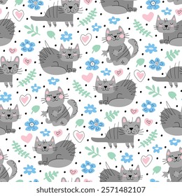 Cats seamless pattern for babies. Cute gray kittens on colorful blue white background. Adorable pets for prints of baby textiles, infant clothing. Cartoon animals wallpaper for nursery, kindergarten.