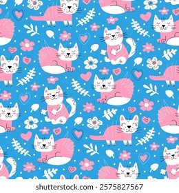 Cats seamless pattern for baby. Pets kittens. Hand drawn animals. Cartoon design for cute baby products. Repeat wallpaper for nursery. Cat print for kids fabric production. Flat vector illustration.