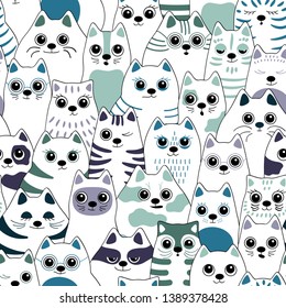 Cats - Seamless pattern. Big company of cats of different breeds. Vector background for fabric, textile, wallpaper, posters, gift wrapping paper, napkins, tablecloths. Print for kids, children