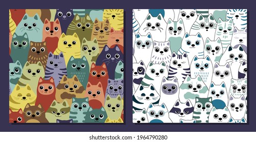 Cats - Seamless pattern. Big company of cats of different breeds. Vector background for fabric, textile, wallpaper, posters, gift wrapping paper, napkins, tablecloths. Print for kids, children
