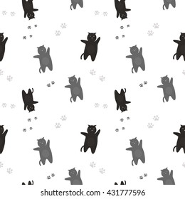 Cats Seamless Pattern. The pattern of black and gray cats with traces of feet. On a white background. A simple illustration