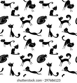 Cats seamless pattern. Black and white doodle background with cute domestic pets. Design with animals in children's style. Vector illustration for surfaces, textile, wallpapers, wrapping