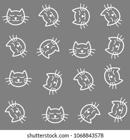 Cats seamless pattern. Cartoon doodle style calm sleeping cat head faces gray and white background.