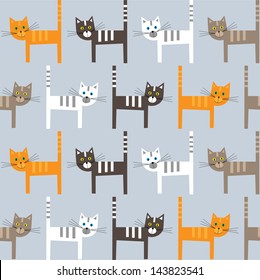 Cats seamless pattern. Cartoon cats on gray background.