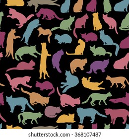 Cats seamless pattern. Cat silhouette pattern over white background.