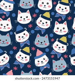 cats seamless pattern. cat white blue romantic repeat background with funny cats wear hat, flower, cute Vector lovely wallpaper, print, fabric, textile design for children,cute pets