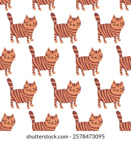 Cats seamless pattern. Childish animals background. Cute cartoon pets for nursery wallpaper, baby products, kindergarten design. Red fat striped pet cat looks like a small tiger. Kid's  fabric print.