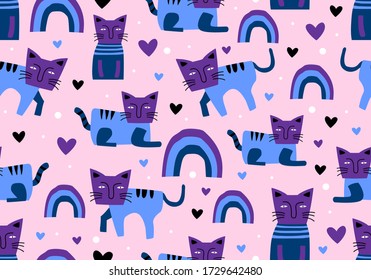 Cats seamless pattern, childish drawing scandinavian style. Cute character funny poses. Blue and pink colorful background for baby and kids fashion textile print.