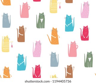 Cats seamless pattern colorful background hand drawn.