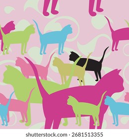 Cats seamless pattern. Colorful background with cat silhouette.
