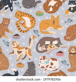 Cats seamless pattern. Cute cat sleeping, playing with toys, sitting. Cartoon pet animal background with funny kittens vector texture. Kitty with ball of yarn, mouse, sleeping on book
