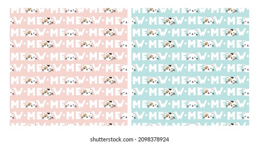 Cats seamless pattern, cute cat head, MEOW quote. White and colored cats and kittens. Creative pattern set. Cute hand drawn cats faces. Vector illustration. Feline domestic trendy pet. 