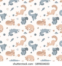 Cats Seamless Pattern. Cute cats in different poses patter. Great to use for textiles, wrapping paper, wallpaper for kids room, notebook cover, phone case or other print materials.