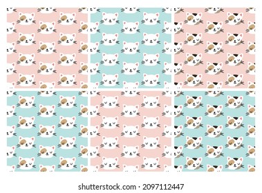 Cats seamless pattern. Cute hand drawn cats faces. White and colored cats and kittens. Creative pattern set. Feline domestic trendy pet. Great for fabric, vector illustration. 