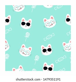 Cats Seamless Pattern Cute Kitten With lollipop candy