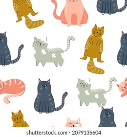 Cats. Seamless pattern with cute Kittens. Background for fabric, wallpapers, wrapping paper, cards and web background. Flat vector illustration. 