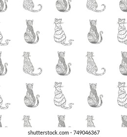 Cats. Seamless pattern. Design Zentangle. Hand drawn cat with abstract patterns on isolation background. Design for spiritual relaxation for adults. Zen art. Decorative style. Print for polygraphy