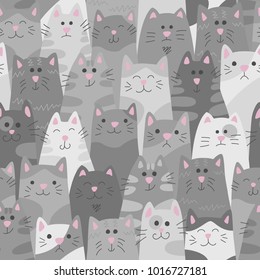 Cats. Seamless pattern in doodle and cartoon style. Grey. Vector. Eps 8