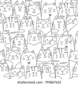 Cats. Seamless pattern in doodle and cartoon style. Black and white. Vector. Eps 8