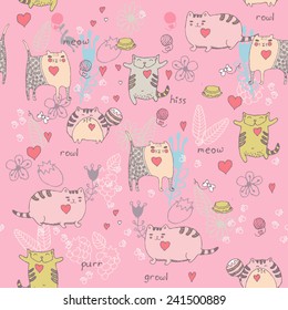 Cats seamless pattern in doodle style. Cat and kitten. Cartoon design. Vector illustration.