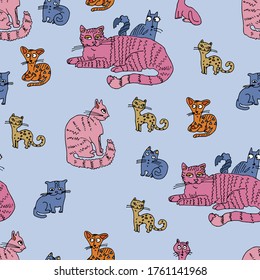 Cats. Seamless pattern with cats. Endless texture for your design. Cartoon style. Stock illustration.