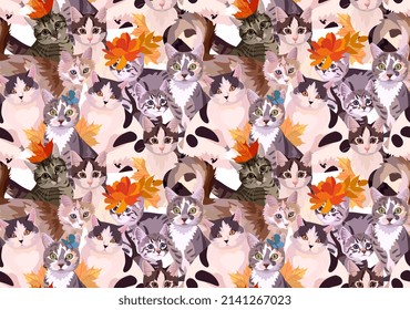 Cats seamless pattern for fabric in vector. Sweet print with pet kittens, symbols of Chinese New Year 2023.