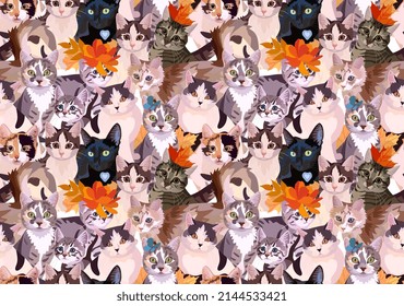 Cats seamless pattern for fabric in vector. Animal print with pet kittens, symbols of Chinese New Year 2023.