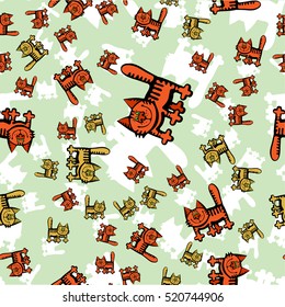 Cats. Seamless pattern. Flat. Orange, khaki and light green.