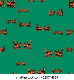 Cats. Seamless pattern. Flat. Orange and green.