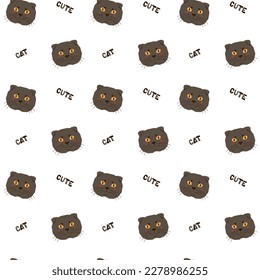 Cats seamless pattern, fold-eared cat with yellow eyes and CUTE CAT quote. Pattern for fabric, wrapping paper, childrens clothing. Vector illustration illustration in a flat style.