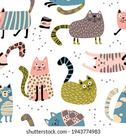 Cats seamless pattern. Funny characters in different poses. Nursery vector hand-drawn illustration in simple Scandinavian style. Pastel palette ideal for printing baby textiles, fabrics