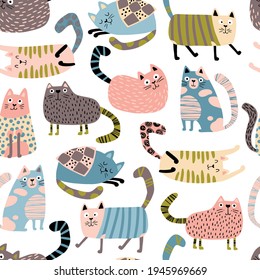 Cats seamless pattern. Funny characters in different poses. Nursery vector hand-drawn illustration in simple Scandinavian style. Pastel palette ideal for printing baby textiles, fabrics