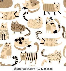 Cats seamless pattern. Funny characters in different poses. Nursery vector hand-drawn illustration in simple Scandinavian style. Pastel palette ideal for printing baby textiles, fabrics