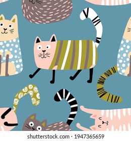 Cats seamless pattern. Funny characters in different poses. Nursery vector hand-drawn illustration in simple Scandinavian style. Pastel palette ideal for printing baby textiles, fabrics