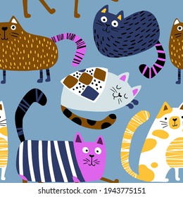Cats seamless pattern. Funny colorful characters in different poses. Vector hand-drawn illustration in simple Scandinavian style. Nursery kids background ideal for printing baby textiles, fabrics