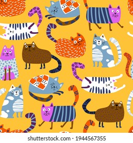 Cats seamless pattern. Funny colorful characters in different poses. Vector hand-drawn illustration in simple Scandinavian style. Nursery kids background ideal for printing baby textiles, fabrics